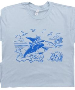 Funny Cat Shirt Cat Riding Shark T Shirt for Men Women Beach Theme Tshirt Retro Vintage Surf Shirt Cool Graphic Tee Crazy Cat T-Shirt